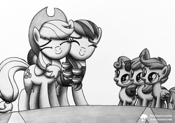 Size: 1000x704 | Tagged: safe, artist:rockingscorpion, apple bloom, applejack, coloratura, scootaloo, sweetie belle, g4, the mane attraction, cowboy hat, cutie mark crusaders, hat, hug, monochrome, open mouth, rara, scene interpretation, show accurate, signature, simple background, smiling, stage, stetson, white background