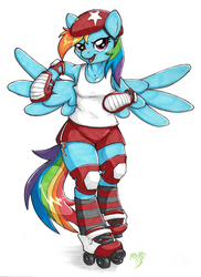 Size: 2407x3300 | Tagged: safe, artist:pon8d, rainbow dash, anthro, unguligrade anthro, g4, arm hooves, armpits, female, high res, knee pads, marker drawing, prismacolors, roller derby, roller skates, shoulder pads, simple background, solo, traditional art, white background