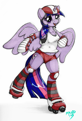 Size: 2234x3300 | Tagged: safe, artist:pon8d, twilight sparkle, anthro, unguligrade anthro, g4, arm hooves, belly button, female, high res, knee pads, marker drawing, prismacolors, roller derby, roller skates, shoulder pads, simple background, solo, traditional art, twilight sparkle (alicorn), white background