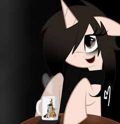 Size: 2500x2570 | Tagged: safe, artist:go0re, oc, oc:g-racoon, pony, unicorn, clothes, coffee, food, high res, ponified, scarf, simple background, smiling, table