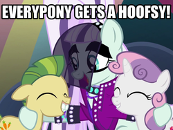 Size: 1199x900 | Tagged: safe, edit, screencap, carrot crunch, coloratura, sweetie belle, g4, the mane attraction, bucktooth, countess coloratura, crunchabetes, cute, diasweetes, eyes closed, floppy ears, grin, hoofsies, hug, image macro, meme, open mouth, oprah, rarabetes, smiling, text edit