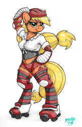 Size: 2155x3300 | Tagged: safe, artist:pon8d, applejack, earth pony, anthro, unguligrade anthro, g4, arm hooves, belly button, derby, female, high res, knee pads, marker drawing, prismacolors, roller derby, roller skates, shoulder pads, simple background, solo, traditional art, white background