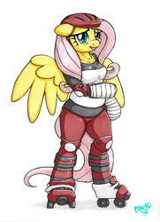Size: 2387x3300 | Tagged: safe, artist:pon8d, fluttershy, anthro, unguligrade anthro, g4, arm hooves, female, high res, knee pads, marker drawing, prismacolors, roller derby, roller skates, shoulder pads, simple background, solo, traditional art, white background