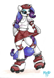 Size: 2303x3300 | Tagged: safe, artist:pon8d, rarity, anthro, unguligrade anthro, g4, arm hooves, belly button, female, high res, knee pads, marker drawing, midriff, prismacolors, roller derby, roller skates, shoulder pads, simple background, solo, traditional art, white background