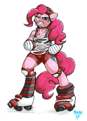 Size: 2369x3300 | Tagged: safe, artist:pon8d, pinkie pie, earth pony, anthro, unguligrade anthro, g4, arm hooves, female, high res, knee pads, marker drawing, prismacolors, ripped shirt, roller derby, roller skates, shoulder pads, solo, traditional art