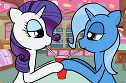 Size: 990x658 | Tagged: safe, artist:ineedanaccount, rarity, trixie, pony, unicorn, g4, drink, drinking, duo, female, lesbian, mare, rarixie, sharing a drink, shipping, straw