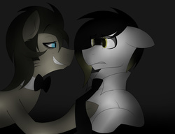 Size: 5199x3996 | Tagged: safe, artist:go0re, doctor whooves, time turner, oc, oc:thediswasher, ask discorded whooves, g4, discord whooves, gradient background, lidded eyes, looking at each other, necktie, scared, simple background, smiling