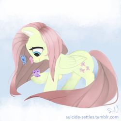 Size: 1024x1024 | Tagged: safe, artist:skittlz1212, fluttershy, butterfly, pegasus, pony, g4, female, folded wings, insect on nose, looking at something, looking down, profile, raised hoof, solo