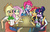 Size: 1100x712 | Tagged: safe, artist:shimazun, applejack, fluttershy, pinkie pie, rainbow dash, rarity, sci-twi, sunset shimmer, twilight sparkle, equestria girls, g4, alcohol, cider, clothes, cowboy hat, crystal prep academy, crystal prep academy uniform, denim skirt, female, food, glasses, grin, hair bun, hairpin, hat, humane five, humane seven, humane six, jacket, leather jacket, legs, necktie, school uniform, shirt, skirt, smiling, stetson, table, tank top