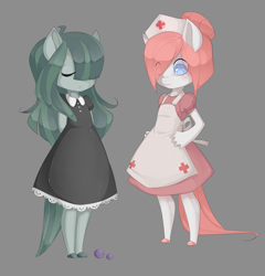 Size: 2229x2322 | Tagged: safe, artist:misukitty, marble pie, nurse redheart, anthro, g4, clothes, dress, duo, eye clipping through hair, eyes closed, hair over one eye, high res, marbles