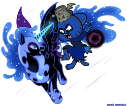 Size: 1010x848 | Tagged: safe, artist:waniramirez, nightmare moon, oc, oc:dark gumball, g4, crossover, fight, non-mlp oc, the amazing world of gumball