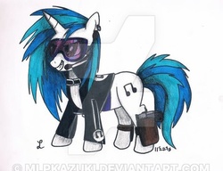 Size: 400x307 | Tagged: safe, artist:mlpkazuki, dj pon-3, vinyl scratch, pony, unicorn, g4, clothes, cutie mark, ear piercing, earring, female, goggles, gun, headset, holster, hooves, horn, leather jacket, mare, piercing, pistol, smiling, solo, sunglasses, teeth, weapon