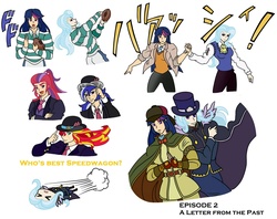 Size: 1676x1328 | Tagged: safe, artist:urusee584, minuette, moondancer, sunset shimmer, trixie, human, g4, chibi, clothes, crossover, dio brando, humanized, japanese, jojo's bizarre adventure, jonathan joestar, menacing, necktie, phantom blood, robert eo speedwagon, rugby, suit, torpedo