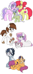 Size: 1200x2664 | Tagged: safe, artist:rainbowdrool, apple bloom, diamond tiara, pipsqueak, rumble, scootaloo, sweetie belle, oc, oc:crispin apple, oc:pippin, oc:rock revo, oc:tumble cloud, pony, crusaders of the lost mark, g4, alternate hairstyle, assisted preening, bandana, cutie mark, cutie mark crusaders, female, grooming, lesbian, magical lesbian spawn, male, necklace, offspring, older, older apple bloom, older diamond tiara, older rumble, older scootaloo, older sweetie belle, parent:apple bloom, parent:diamond tiara, parent:pipsqueak, parent:rumble, parent:scootaloo, parent:sweetie belle, parents:diamondbloom, parents:rumbloo, parents:sweetiesqueak, preening, ship:diamondbloom, ship:rumbloo, ship:sweetiesqueak, shipping, simple background, straight, the cmc's cutie marks, tracksuit, white background, wings