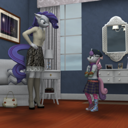 Size: 2500x2500 | Tagged: safe, artist:tahublade7, rarity, sweetie belle, anthro, plantigrade anthro, g4, 3d, beret, boots, clothes, couch, crime against fashion, daz studio, description in comments, handbag, high heel boots, high heels, high res, mirror, mismatched clothes, mismatched shoes, rain boots, raspberry, skirt, tongue out, window