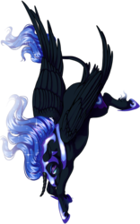 Size: 1598x2560 | Tagged: safe, artist:kittehkatbar, nightmare moon, classical unicorn, g4, diving, female, flying, horn, leonine tail, simple background, solo, transparent background, unshorn fetlocks