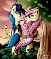 Size: 1489x1738 | Tagged: safe, artist:scarlett-letter, fluttershy, oc, oc:moonshot, bat pony, pony, vampire, g4, 2015, apple, apple tree, ball, baseball, commission, evening, flutterbat, food, hat, mouth hold, signature, sitting, sitting in a tree, tree