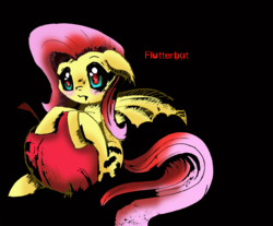 Size: 1567x1299 | Tagged: safe, artist:eglantineray, fluttershy, bat pony, pony, g4, apple, female, flutterbat, food, simple background, sitting, solo