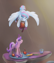 Size: 900x1049 | Tagged: safe, artist:viwrastupr, amethyst star, sparkler, oc, oc:starburn, oc:tinisparkler, pegasus, pony, unicorn, g4, carrot, cherry, cropped, food, fruit, grapes, micro