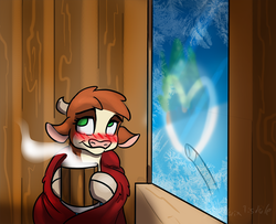 Size: 1107x900 | Tagged: safe, artist:alorix, arizona (tfh), velvet (tfh), cow, deer, reindeer, them's fightin' herds, blanket, blushing, community related, female, lesbian, mug, ship:velvezona, shipping, velvezona daily, window