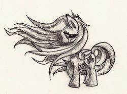 Size: 1418x1056 | Tagged: safe, artist:thesubtle, fluttershy, g4, crying, female, folded wings, looking down, monochrome, pencil drawing, raised hoof, sad, simple background, solo, standing, traditional art, windswept hair, windswept mane