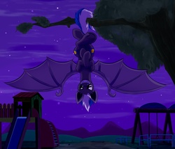 Size: 965x827 | Tagged: safe, artist:h-stallionwolf, oc, oc only, oc:cloud zapper, bat pony, pegasus, pony, clothes, commission, costume, jungle gym, night, playground, solo, tree