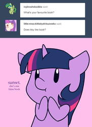 Size: 784x1078 | Tagged: safe, artist:estrill, twilight sparkle, pony, g4, bby, book, female, implied lesbian, implied shipping, implied sunset shimmer, implied sunsetsparkle, solo, that pony sure does love books