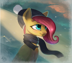 Size: 1280x1121 | Tagged: safe, artist:rain-gear, fluttershy, g4, clothes, female, hat, scarf, solo, winter
