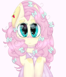 Size: 630x730 | Tagged: safe, artist:princesutrash, fluttershy, g4, alternate hairstyle, bandaid, bandaid on nose, bow, clothes, dress, female, hair bow, looking at you, simple background, solo