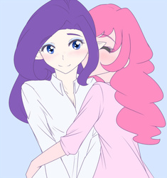 Size: 500x533 | Tagged: safe, artist:jonfawkes, pinkie pie, rarity, human, g4, 30 minute art challenge, blushing, clothes, eyes closed, female, hug, humanized, lesbian, quickdraw, quickie, ship:raripie, shipping