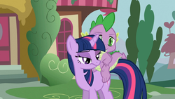 Size: 1365x768 | Tagged: safe, screencap, spike, twilight sparkle, dragon, pony, unicorn, feeling pinkie keen, g4, dragons riding ponies, duo, female, male, mare, riding, spike riding twilight, unicorn twilight