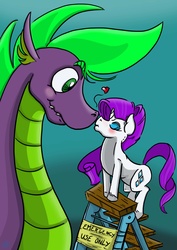 Size: 3508x4961 | Tagged: safe, artist:dinodraketakethecake, rarity, spike, dragon, pony, unicorn, g4, duo, female, heart, kissing, ladder, male, mare, older, older spike, ship:sparity, shipping, size difference, straight