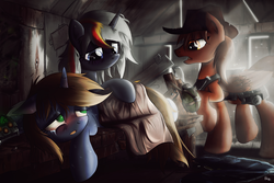 Size: 3000x2000 | Tagged: safe, artist:ruhisu, oc, oc only, oc:calamity, oc:littlepip, oc:velvet remedy, pegasus, pony, unicorn, fallout equestria, 2015, bed, blanket, blushing, commission, fanfic, fanfic art, female, fever, hat, high res, lying down, male, mare, open mouth, pipbuck, prone, raised hoof, shed, sick, signature, stallion