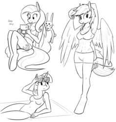 Size: 1203x1262 | Tagged: safe, artist:whatsapokemon, angel bunny, fluttershy, rainbow dash, twilight sparkle, anthro, unguligrade anthro, g4, abs, armpits, clothes, monochrome, one-piece swimsuit, sunglasses, swimsuit