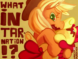 Size: 1600x1200 | Tagged: safe, artist:purochen, apple bloom, applejack, earth pony, pony, g4, tongue out, wavy mouth, what in tarnation