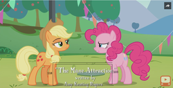 Size: 884x449 | Tagged: safe, screencap, applejack, pinkie pie, g4, the mane attraction, height difference, measurements, tall
