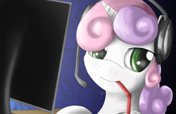 Size: 5100x3300 | Tagged: safe, artist:spiritofthwwolf, sweetie belle, g4, drink, female, gamer, headset, monitor, solo