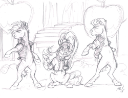 Size: 1292x992 | Tagged: safe, artist:carnivorouscaribou, coloratura, limelight, smooth move, pony, g4, the mane attraction, background dancers, bipedal, countess coloratura, dancing, monochrome, sketch, the spectacle, traditional art