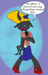 Size: 600x927 | Tagged: safe, artist:bunnimation, changeling, pony, bipedal, bugs bunny, clothes, crossdressing, high heels, lipstick, male, purse, rabbit seasoning, seems legit, shoes, skirt, wig