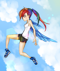 Size: 1700x2000 | Tagged: safe, artist:glacierclear, rainbow dash, human, g4, female, flying, humanized, ponytail, solo, winged humanization