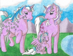 Size: 766x585 | Tagged: safe, artist:rurounigemini83, baby milky way, milky way, twilight, g1, anatomically incorrect, female, headcanon, hug, incorrect leg anatomy, siblings, sisters, surprised, traditional art, twice as fancy ponies