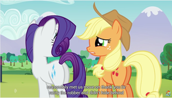 Size: 1278x726 | Tagged: safe, edit, edited screencap, screencap, applejack, rarity, earth pony, pony, unicorn, g4, the mane attraction, butt, caption, female, mare, meme, plot, youtube caption