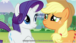 Size: 1278x726 | Tagged: safe, screencap, applejack, rarity, g4, the mane attraction, meme, youtube caption