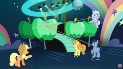 Size: 1920x1080 | Tagged: safe, screencap, applejack, blues, carrot top, flitter, golden harvest, noteworthy, g4, the mane attraction, mouth hold, stage
