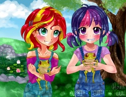 Size: 1019x784 | Tagged: safe, artist:zorbitas, sci-twi, sunset shimmer, twilight sparkle, frog, fanfic:fractured sunlight, equestria girls, g4, cute, duo, fanfic art, female, human coloration, human sunset, humanized, lesbian, overalls, photo, ship:sci-twishimmer, ship:sunsetsparkle, shipping, weapons-grade cute, younger
