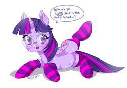 Size: 2570x1779 | Tagged: safe, artist:bjorn-bi, twilight sparkle, alicorn, pony, g4, belly button, blushing, clothes, cute, female, glasses, mare, meganekko, socks, solo, striped socks, twilight sparkle (alicorn)