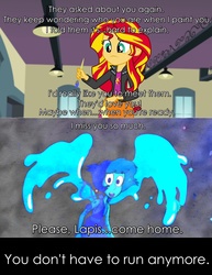 Size: 1280x1659 | Tagged: safe, edit, sunset shimmer, gem (race), equestria girls, g4, my little pony equestria girls: rainbow rocks, artificial wings, augmented, crossover, crossover shipping, duo, duo female, female, hydrokinesis, image macro, interspecies, lapis lazuli (steven universe), lapishimmer, lesbian, magic, magic wings, meme, painting, photoshop, sad, shipping, steven universe, text edit, water, watery wings, wings