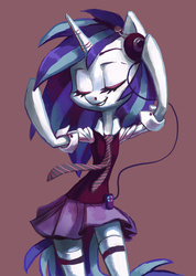 Size: 3069x4311 | Tagged: dead source, safe, artist:holivi, dj pon-3, vinyl scratch, unicorn, semi-anthro, g4, arm hooves, clothes, eyes closed, female, headphones, mp3 player, necktie, purple background, shirt, simple background, skirt, smiling, socks, solo, thigh highs, zettai ryouiki