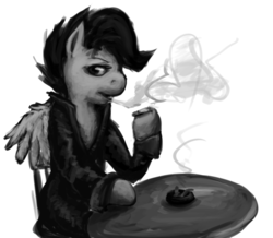 Size: 896x782 | Tagged: safe, artist:ninthsphere, scootaloo, g4, ashtray, cigarette, clothes, female, grayscale, monochrome, sitting, smoking, solo, table