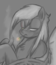 Size: 1944x2273 | Tagged: safe, artist:yinreneemoonveilyang, scootaloo, g4, bed, cigarette, female, lying, on back, smoking, solo